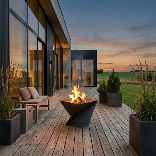 Ugniakuras flame terasoje vakaro prietemoje