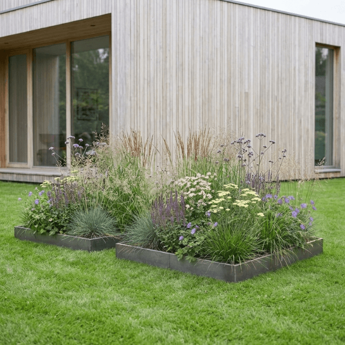 Metalinės pakeliamos lysvės gražiai apželdintos smilginiais augalais