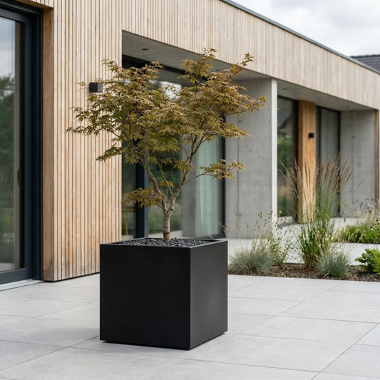 Steelart CUBE kubo formos juodas metalinis lauko vazonas prie modernaus fasado